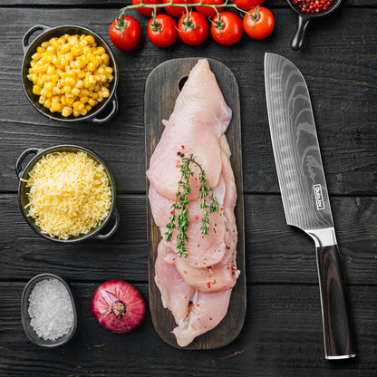 Qulajoy Santoku-Messer, Kochmesser aus kohlenstoffreichem Edelstahl, japanische Küchenmesser mit ergonomischem Pakkaholz-Griff, Hackmesser für die Küche zu Hause