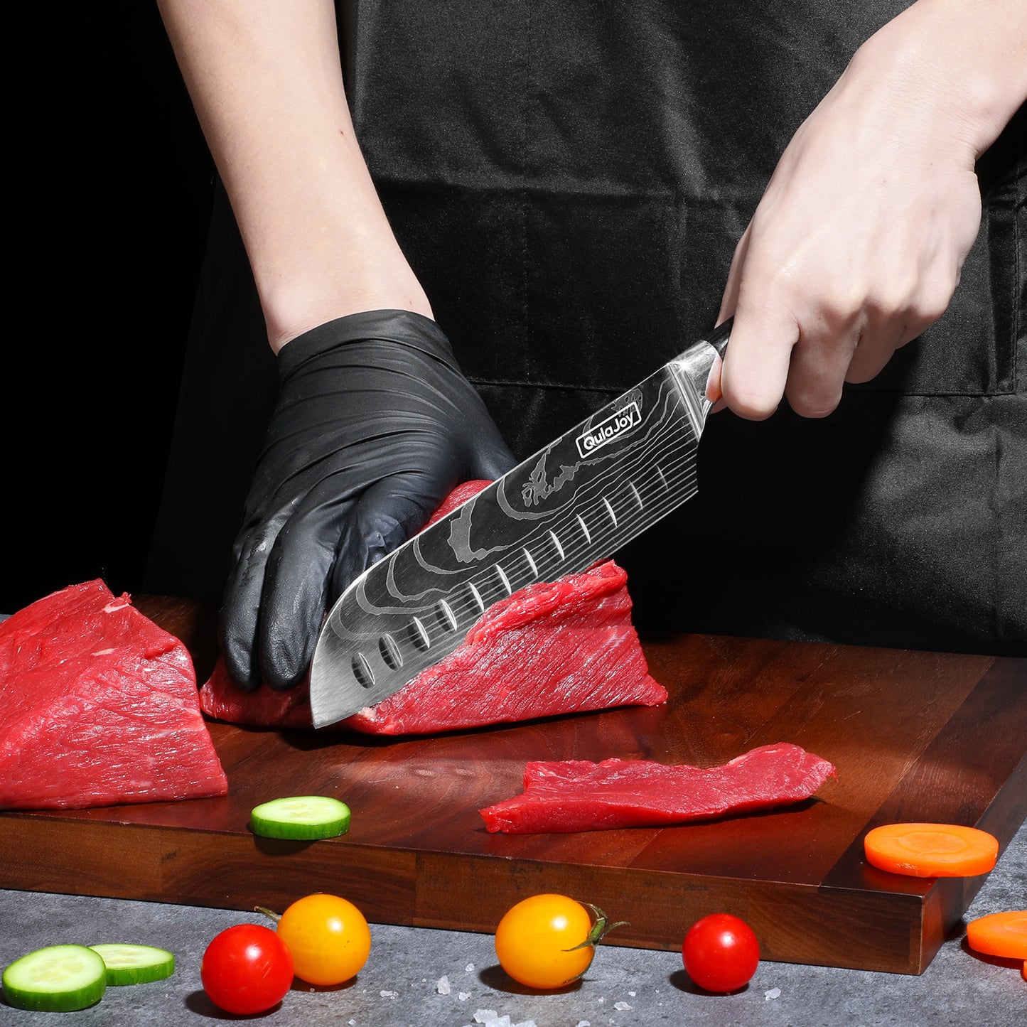 Qulajoy Santoku-Messer, Kochmesser aus kohlenstoffreichem Edelstahl, japanische Küchenmesser mit ergonomischem Pakkaholz-Griff, Hackmesser für die Küche zu Hause