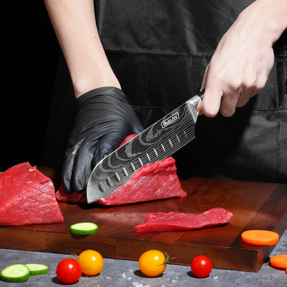 Qulajoy Santoku-Messer, Kochmesser aus kohlenstoffreichem Edelstahl, japanische Küchenmesser mit ergonomischem Pakkaholz-Griff, Hackmesser für die Küche zu Hause