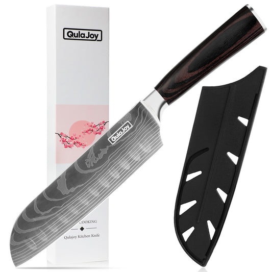 Qulajoy Santoku-Messer, Kochmesser aus kohlenstoffreichem Edelstahl, japanische Küchenmesser mit ergonomischem Pakkaholz-Griff, Hackmesser für die Küche zu Hause